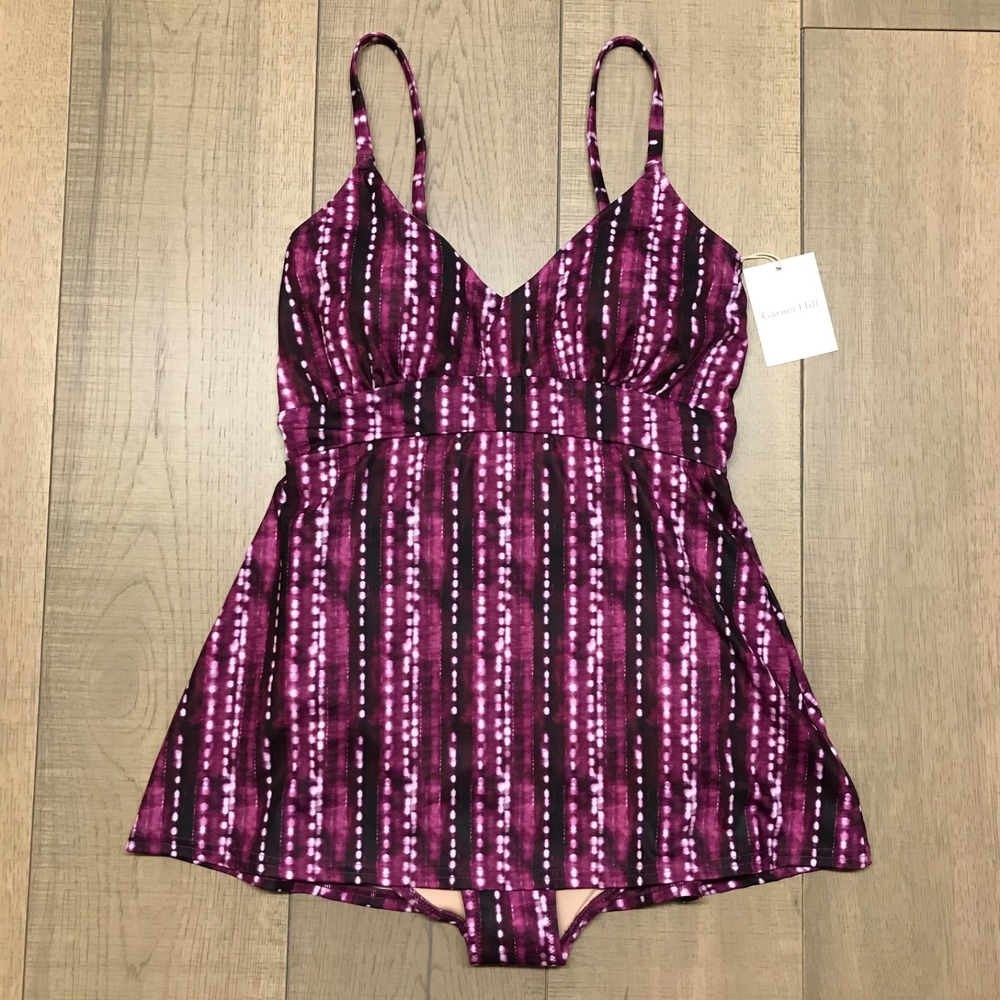 Garnet Hill Reviera Swim Dress Swimsuit‎ Womens Sz 6 Purple V-Neck One Piece NEW